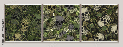 Green khaki grunge camouflage patterns with human skulls, 100 dollar bills, mushrooms, rose flower. Illustration for apparel, clothing, fabric, textile, sport goods.