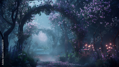 A path through a dark forest with purple flowers and electric blue trees © Yuri