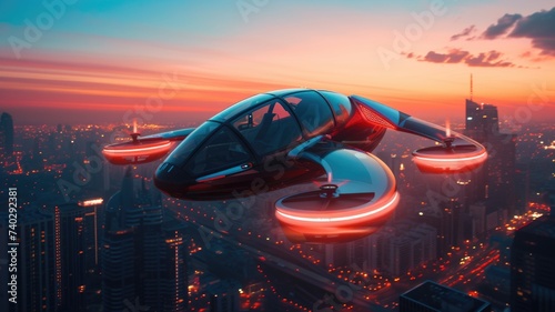 futuristic aero taxi gracefully hovering above a bustling cityscape at sunset, with sleek design and glowing lights, showcasing advanced technology and urban mobility