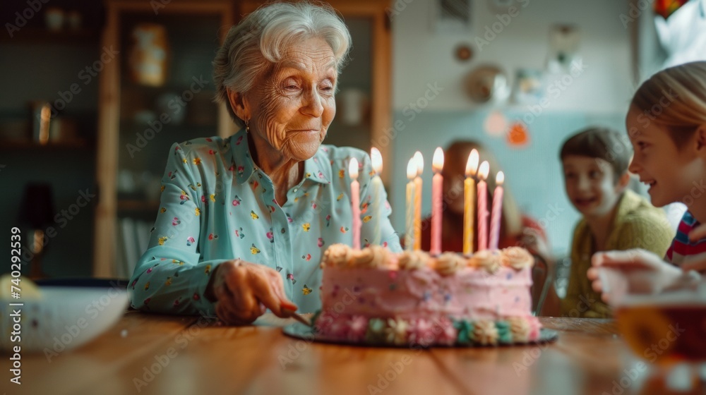 A grandmother stands behind a colorful birthday cake