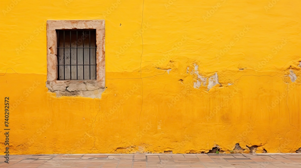 Fototapeta premium Vivid Yellow Wall and Brick Floor Composition in San Miguel de Allende, Mexico