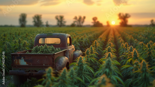 Nature illustration, large field with large marijuana plants, soft sunset, cannabis for medical purposes, modern agriculture. high-quality cannabis.