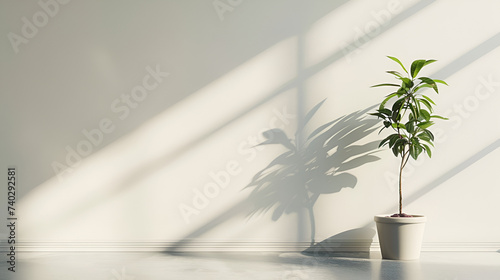 A plant in a pot is creating a shadow on a white wall © Yuri