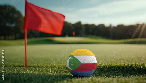 Golf ball with Comoros flag on green lawn or field  most popular sport in the world