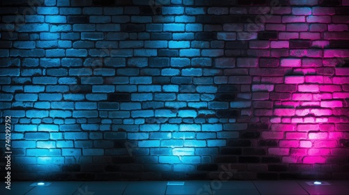 Vibrant Neon Blue Light Illuminating Rough Black Brick Wall Background