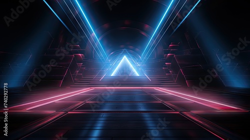 Vivid neon light display in a futuristic dark tunnel with abstract shapes © StockKing