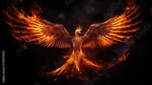 Majestic Phoenix Soars with Vibrant Orange Feathers Against a Dark Background © StockKing