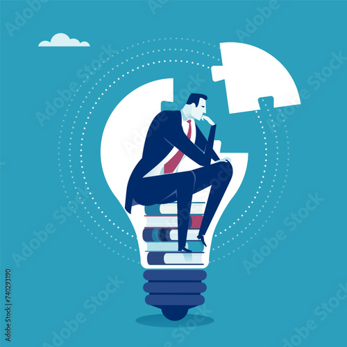 Inventor. Creativity. Searching for missing part. Solution. Vector illustration.