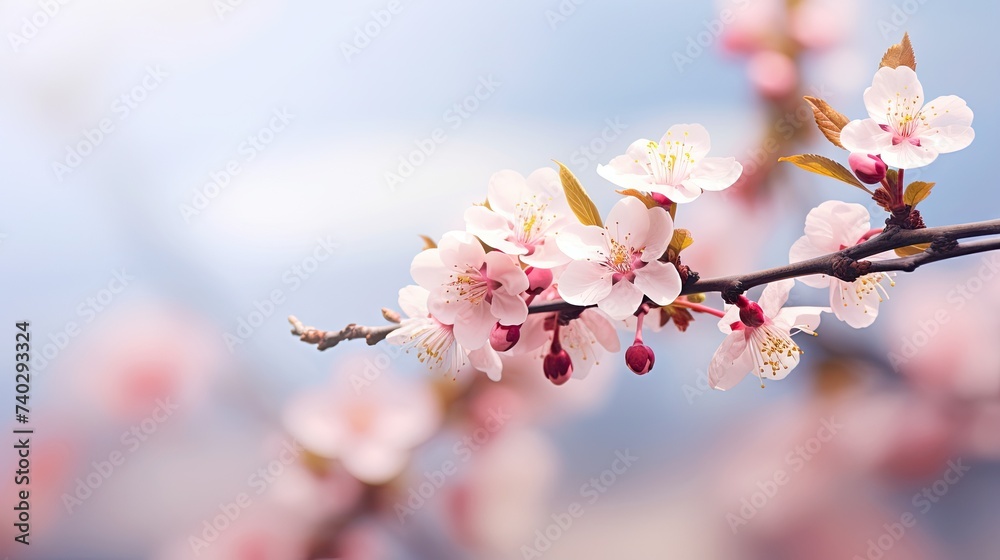 Delicate Spring Blossom: Close-up of Pink Plum Flowers on a Branch in Lush Garden Setting Delicate Spring Blossom: Close-up of Pink Plum Flowers on a Branch in Lush Garden Setting