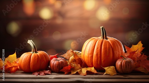 Vibrant Fall Harvest: Three Colorful Pumpkins and Autumn Leaves Arranged on a Rustic Wooden Table