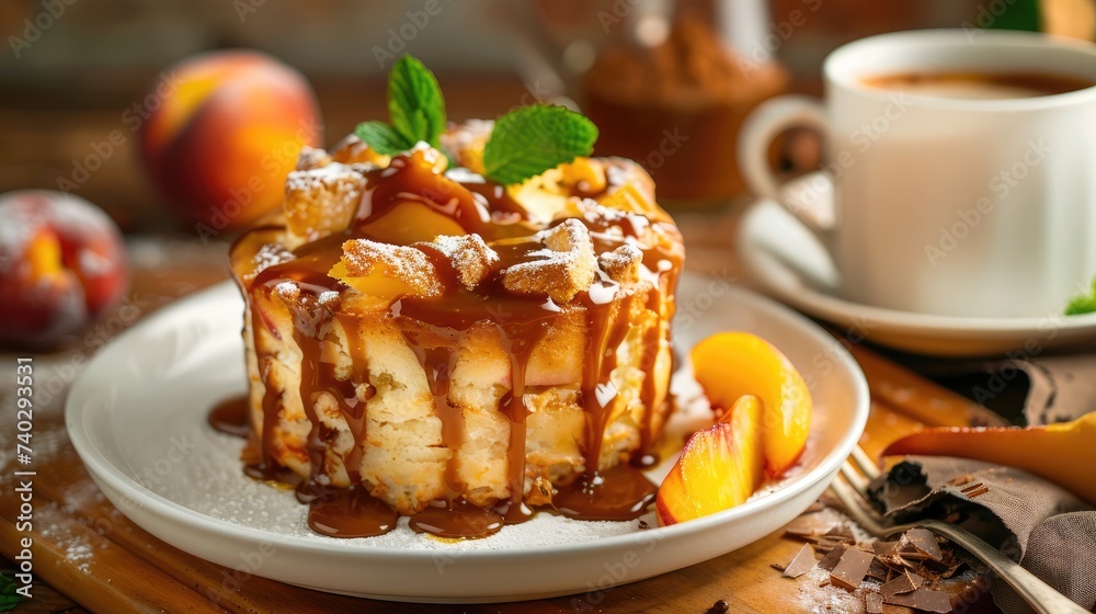 Close-up of delectable bread pudding with caramel drizzle, fresh peaches, and powdered sugar, served with coffee.
