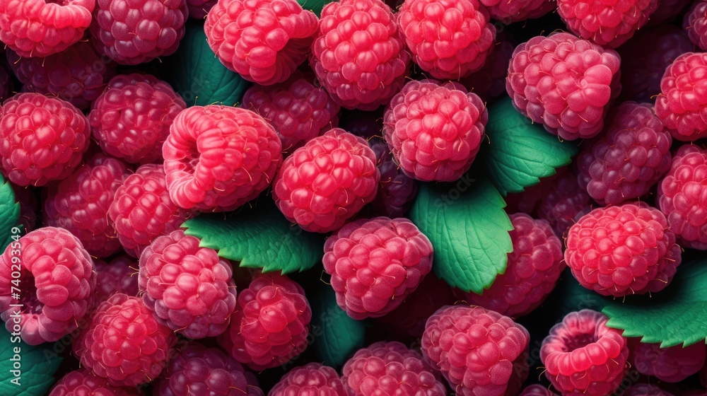 Vibrant Raspberry Pattern with Lush Green Leaves for Summery Designs and Fresh Food Concepts