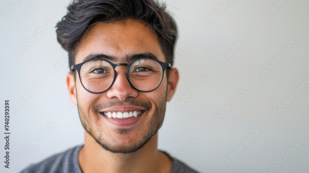 A cheerful man with curly hair smiles widely, wearing a light blue shirt against a white background.