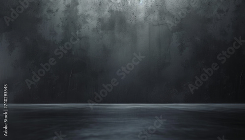 Abstract Dark Room with Reflective Floor and Textured Walls, Copy Space