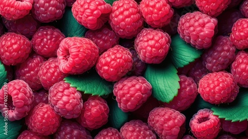 Vibrant Raspberry Pattern with Lush Green Leaves for Summery Designs and Fresh Food Concepts