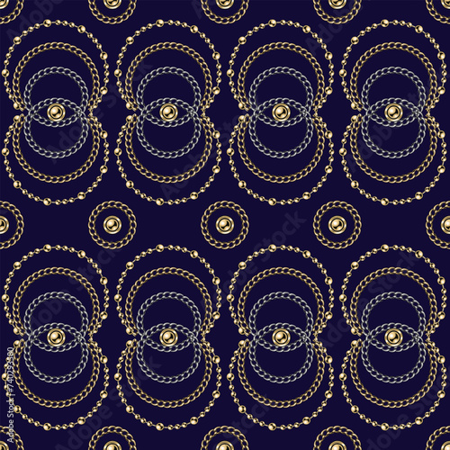 Seamless luxury pattern with jewelry gold, silver chains, beads. Geometric grid with circular ornament on dark blue background.