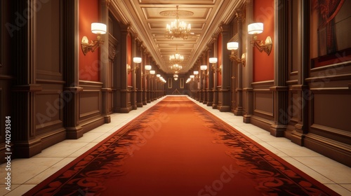 Elegant Entrance: The Red Carpet of Luxury and Prestige Leading into a Grand Hallway