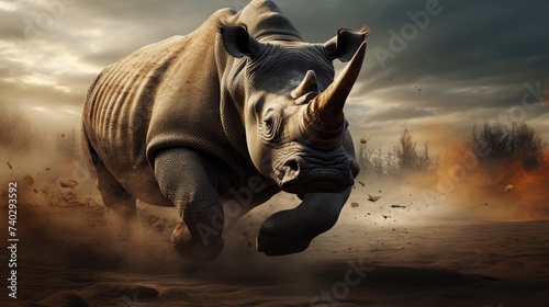 Powerful Rhino Gallops Across Arid Terrain in a Majestic Display of Strength