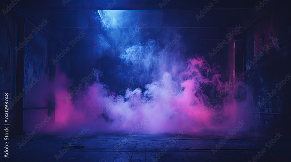 Mysterious Dark Room Filled with Swirling Smoke and Neon Lights