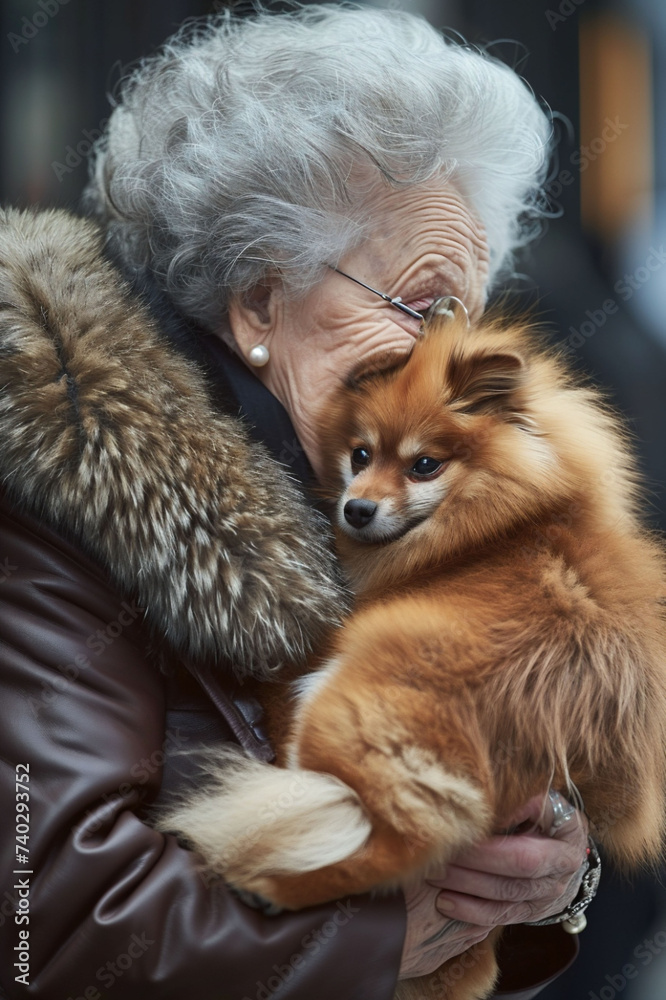 Obraz premium An elderly woman in a brown fur coat and with grey hair is holding and hugging a small orange fluffy Spitz dog symbolizing love and compassion for animals and companionship in old age