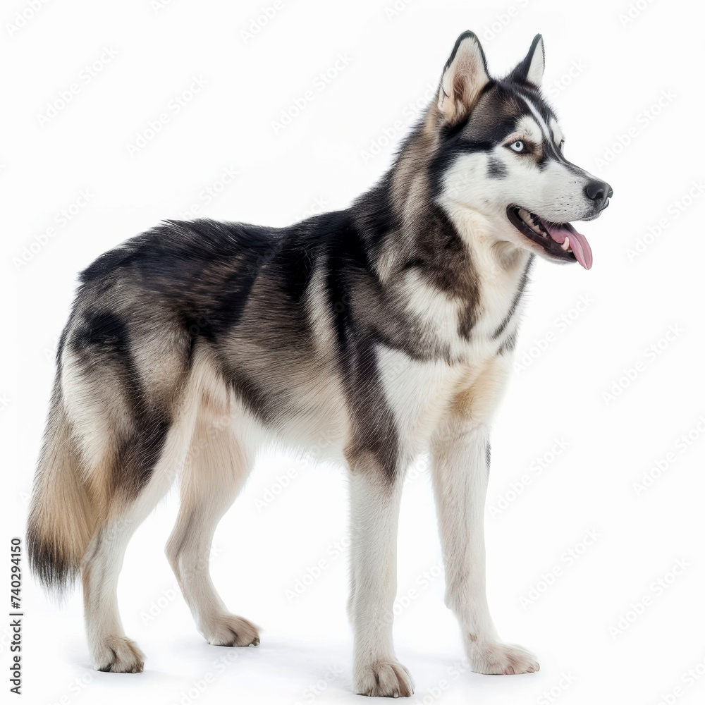 a Husky standing against a white background. breed's characteristics, themes of companionship, training, and animal beauty