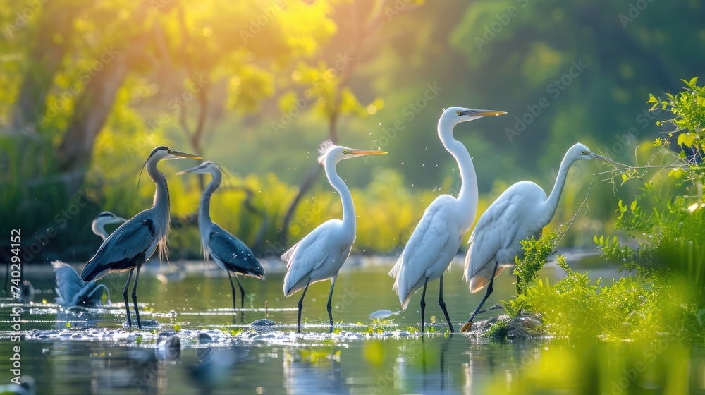 Fototapeta premium A serene scene of a heron and several egrets standing in shallow water amidst lush greenery, illuminated by the soft light of sunrise.