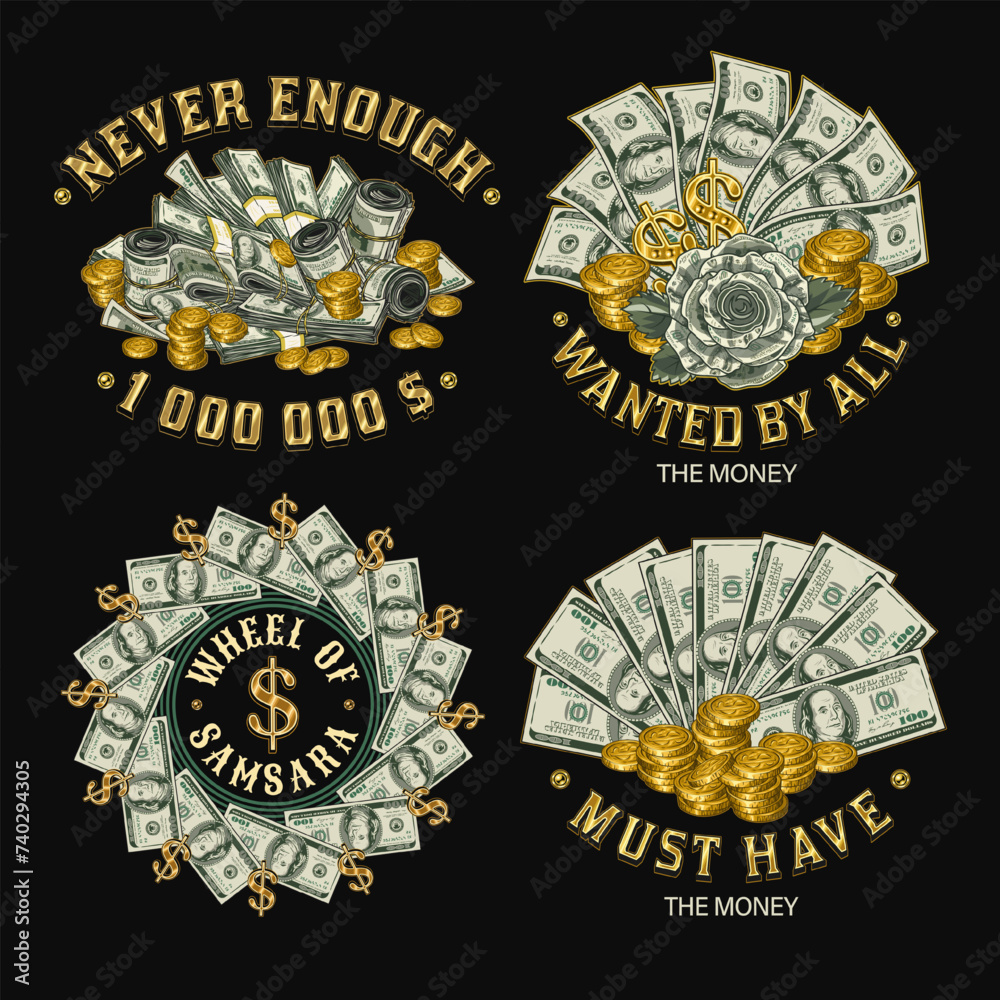 Set of colorful money vintage labels with 100 US dollar notes, golden coins, text. Concept illustrations on black background in vintage style. For prints, clothing, apparel, t shirt design