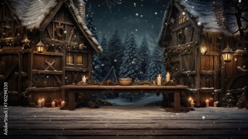 Cozy Winter Vibes: Festive Table Setup with Candles and Christmas Decor in a Snowy Scene