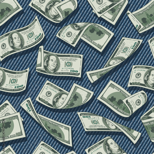 Denim seamless pattern with scattered 100 US dollar notes on blue jeans texture. Falling, folded, twisted, flying dollar banknotes. For prints, clothing, t shirt, surface design Vintage style Not AI