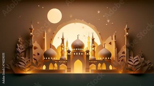 3D illustration of Ramadan Kareem's background with mosque and moon.
