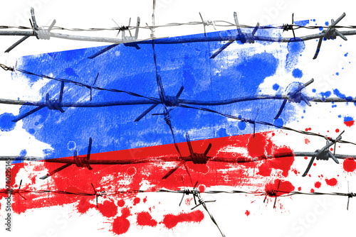 Barbed wire on Russian flag background, cracked texture photo