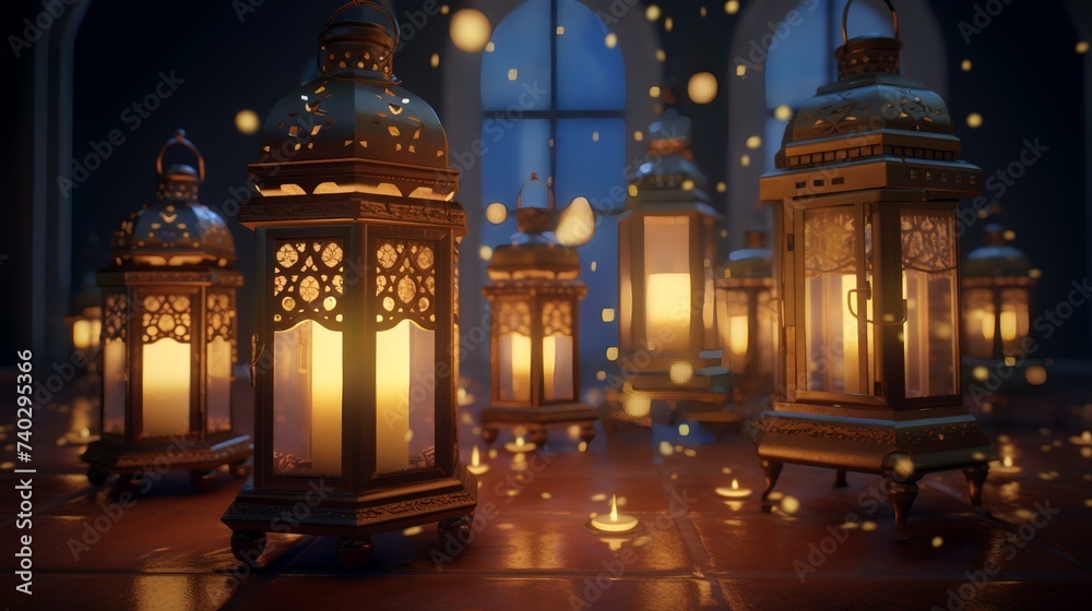 Arabic lanterns in the night. Ramadan Kareem. 3D rendering