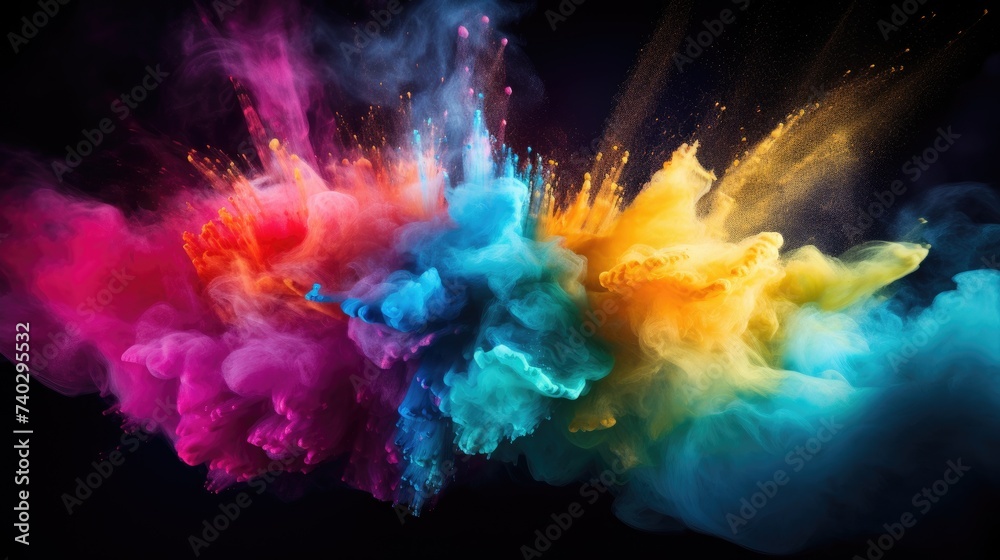 Vibrant Colorful Powder Bursting in a Dynamic Explosion Against Dark Background