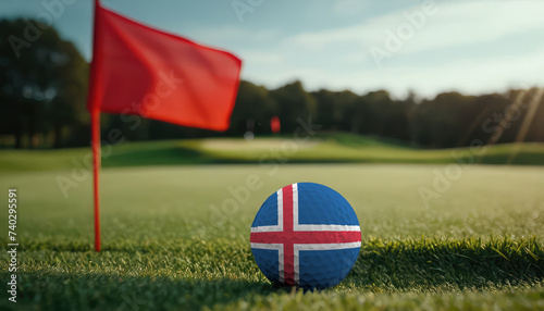 Golf ball with Iceland flag on green lawn or field, most popular sport in the world