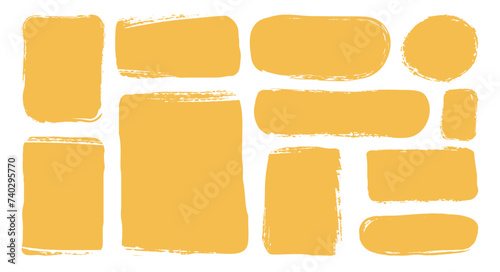 Set isolated hand drawn yellow doodle grunge textured textboxes. Collection various empty frames. Different geometric shapes of speech bubbles. Minimalist quote posters. Flat vector illustration