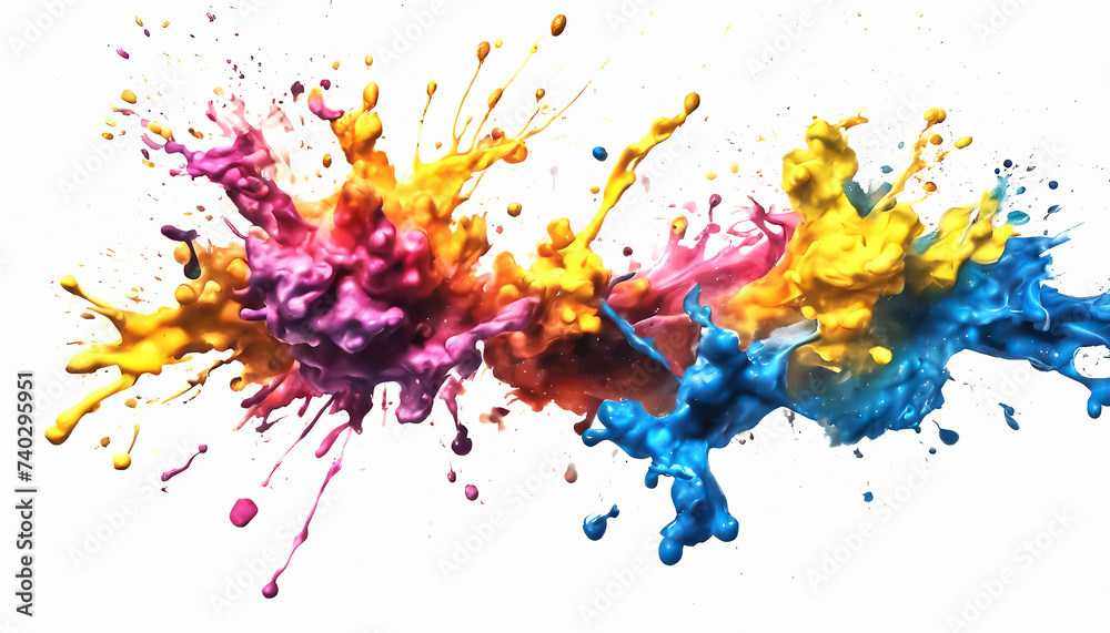 Acrylic splashes on a white background. Colorful spots of paint. Rainbow design of multi-colored spots. Close-up of abstract colorful stains. AI generated