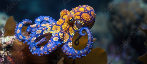 A blue and yellow octopus perched on top of a vibrant coral formation in the ocean.
