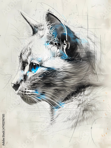 Sketch of the head of a cat with blue eyes.