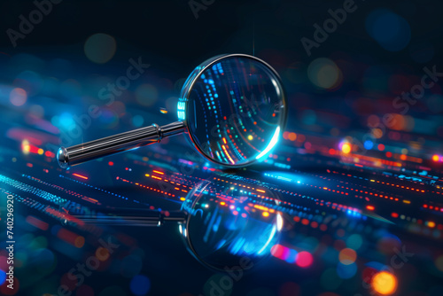 Internet search or data analysis concept, modern magnifying glass on a blue background with connected data flow photo
