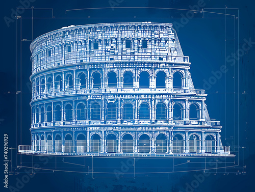 The Colosseum on the background of the architectural plan of the city of Rome