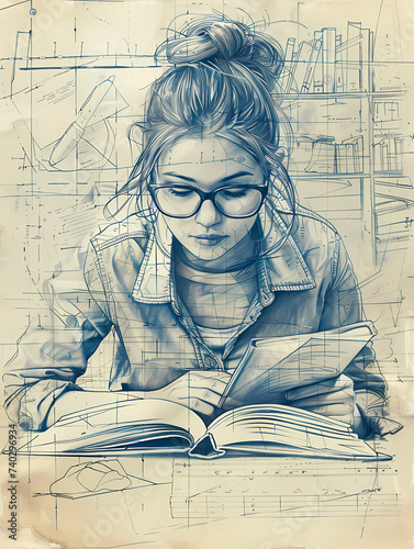 Young girl in glasses reading a book on the background of a sketch