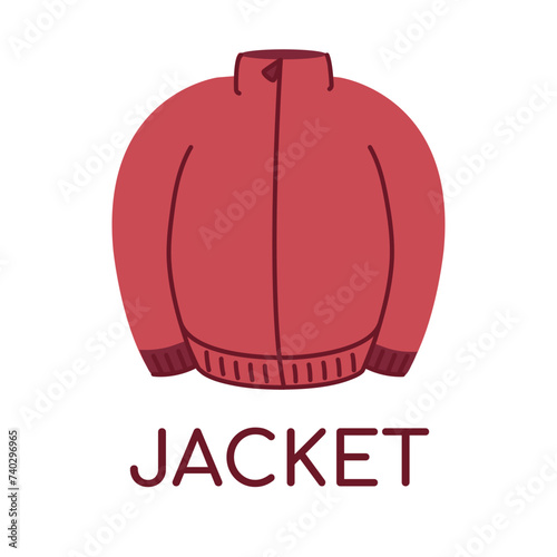Warm Jacket. Word in English for dictionary. Outerwear element. Zipper. Learning, teaching Language for children. Casual Clothes, wardrobe. Isolated object. Flat design. Color Vector illustration