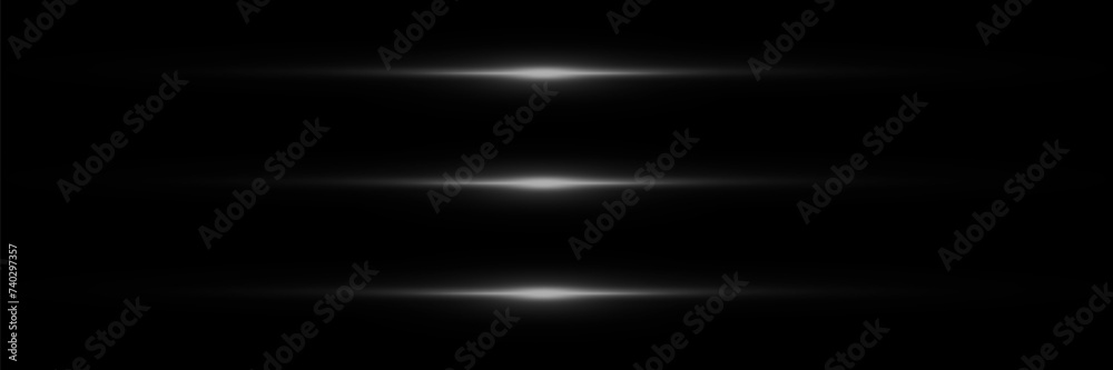 Set of white horizontal highlights. Laser beams, horizontal light beams. Beautiful light flashes. Glowing streaks of highlights.