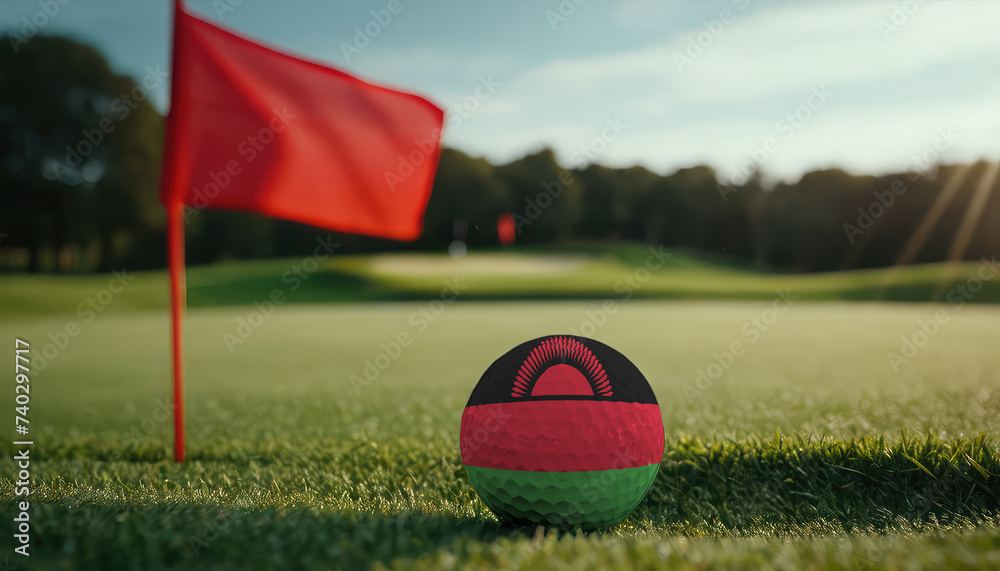 Golf ball with Malawi flag on green lawn or field, most popular sport in the world Golf ball with Malawi flag on green lawn or field, most popular sport in the world
