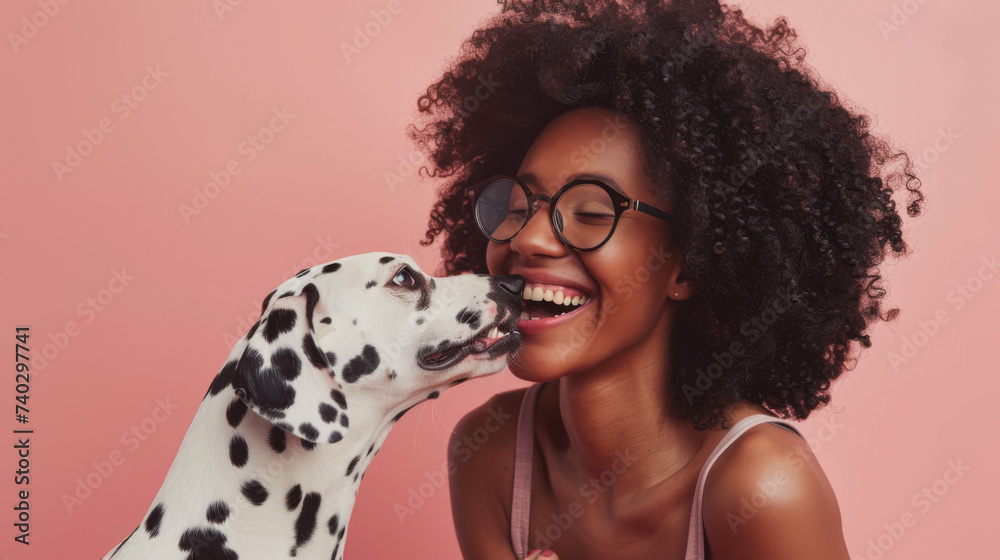 A joyful woman in sunglasses receives a loving lick on the face from a playful Dalmatian against a radiant red background, showcasing their affectionate bond. - obrazy, fototapety, plakaty 