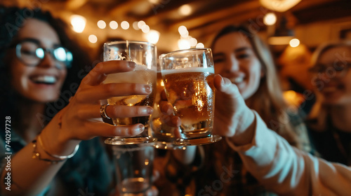 Group of friends toasting with glasses of beer in bar, close up