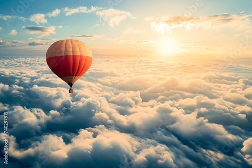 A hot air balloon rises serenely above a sea of clouds against a vibrant sunset