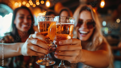Group of friends toasting with glasses of beer in bar  close up