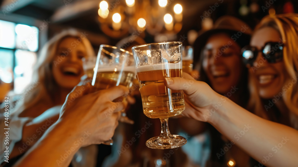 Group of friends toasting with glasses of beer in bar, close up