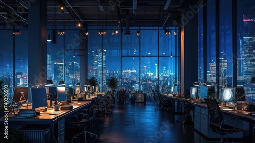 A gathering of individuals occupies office desks in a building during nighttime. The room features water fixtures, tables, and glass elements. AIG41 © Summit Art Creations